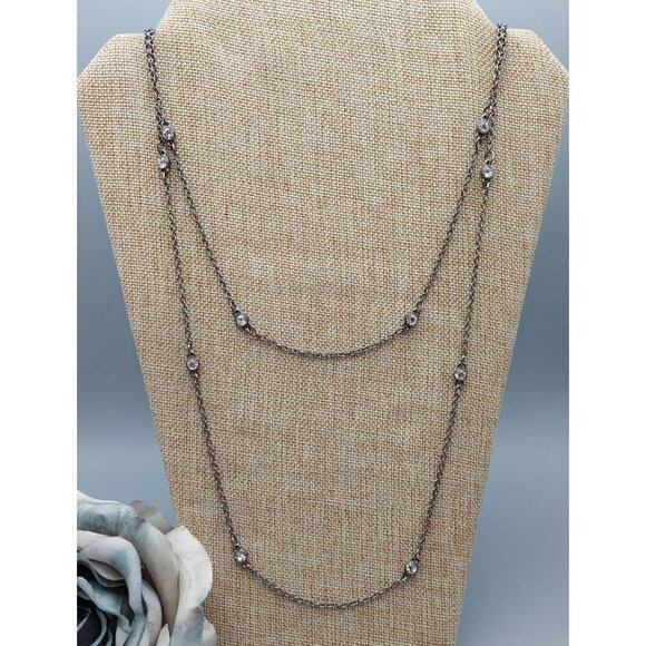 Express Jewelry - Express Gray Gunmetal Double Layered 34" Chain Necklace Clear Crystal Stations